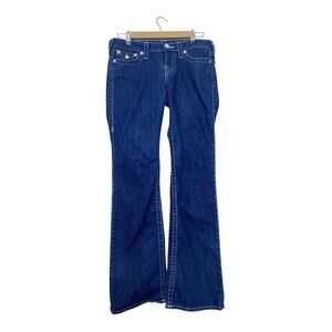 True Religion Joey Flare Jeans Dark Wash Contrast Stitch Blue Denim Womens 29